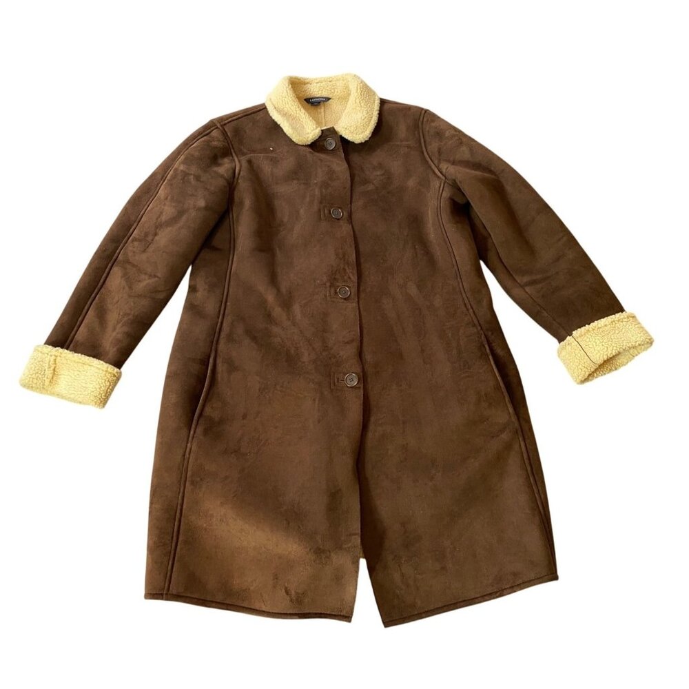 Lands End Midi Winter Coat Brown Faux Sherpa Lining Button Closure Large 14/16